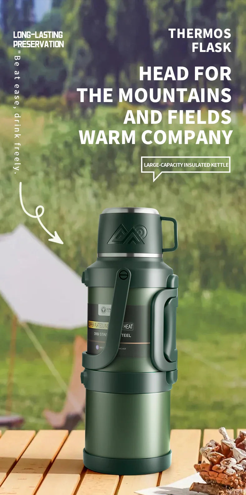 2.5L Super Large Stainless Steel Vacuum Thermos, Double Walled Insulated Flask for Hot & Cold Beverages, Travel & Camping Essent