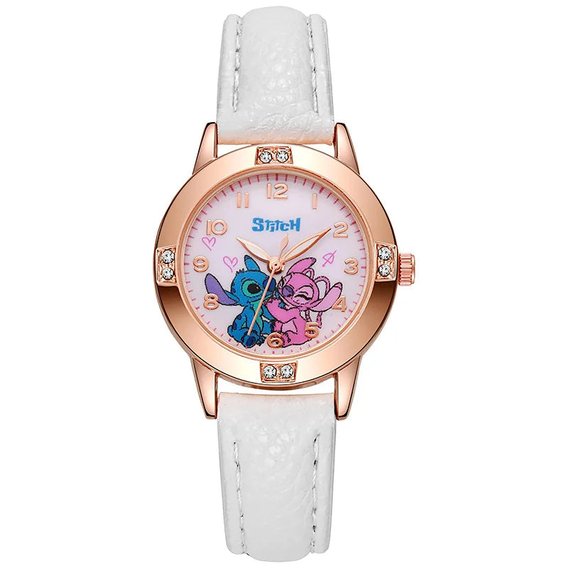 Cartoon Pattern Stitch Girls Watches for Kids Leather Strap Children Watch with Rhinestone Dial reloj stich Exquisite Gift